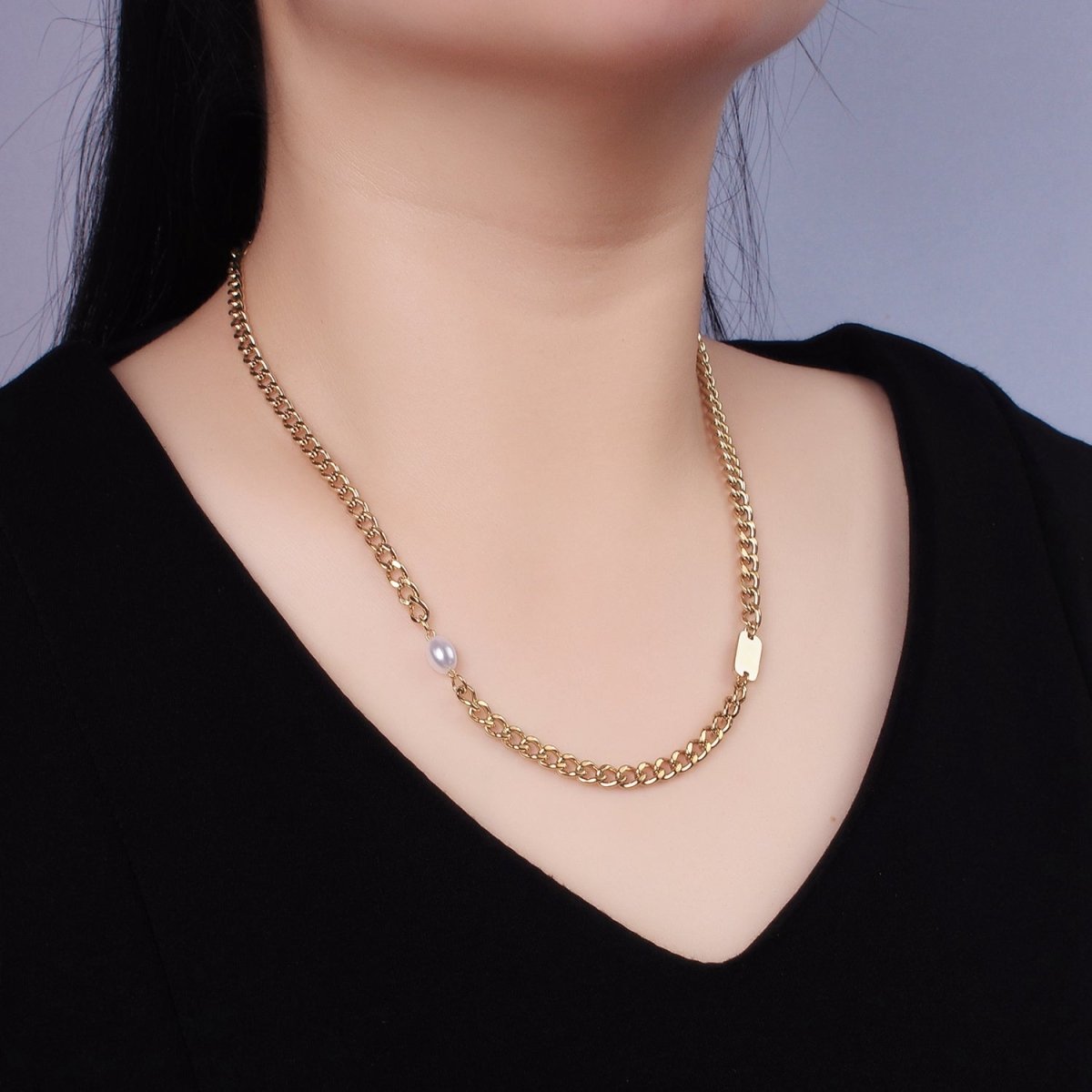 Stainless Steel Shell Pearl Tag Curb Chain 18 Inch Necklace w. 2 Inch Extender | WA - 2543 - DLUXCA