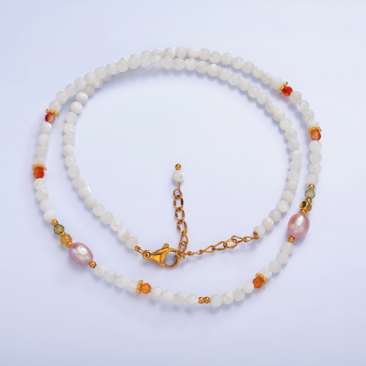 Stainless Steel Shell Pearl White Natural Gemstone 15 Inch Choker Necklace | WA - 3102 - DLUXCA