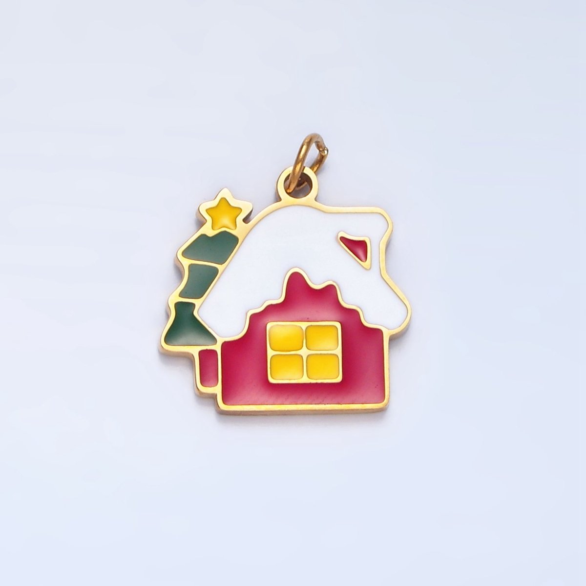 Stainless Steel Snowy House Christmas Tree Enamel Christmas Holiday Charm | P1374 - DLUXCA