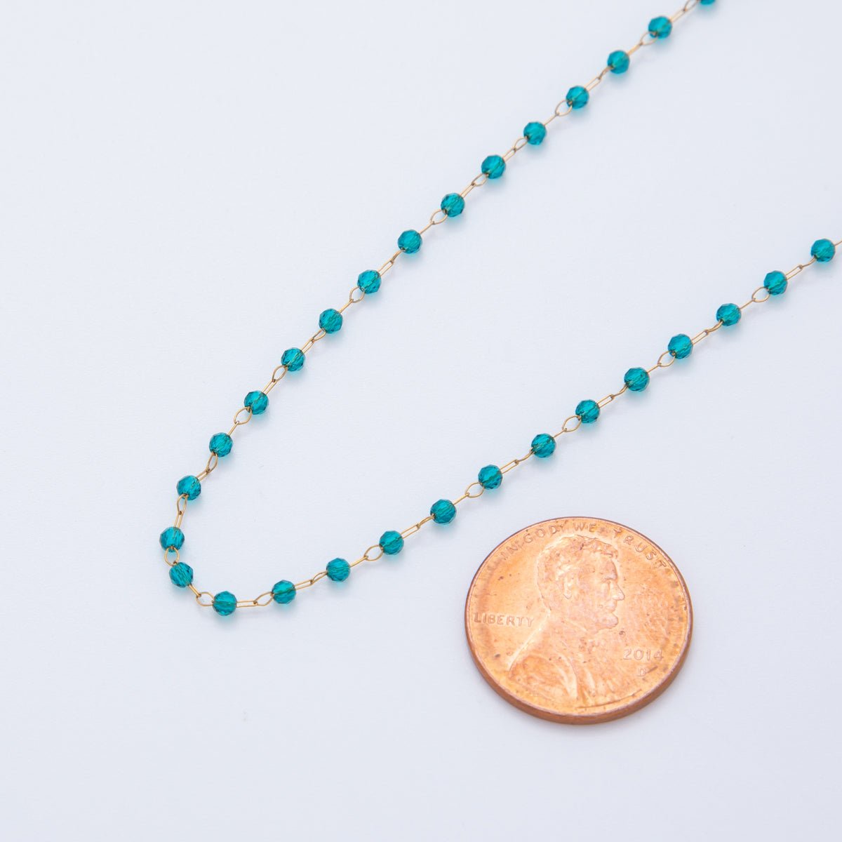 Stainless Steel Teal Blue Multifaceted Round Gemstone Cable Unfinished Chain by Yard | Roll - 1612 - DLUXCA