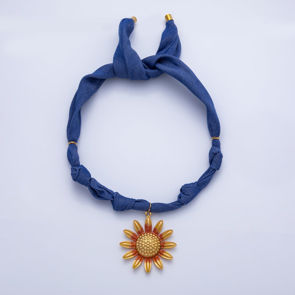 Stainless Steel Textured Yellow Orange Sunflower Blue Denim Scarf Handmade Necklace | WA - 3981 - DLUXCA