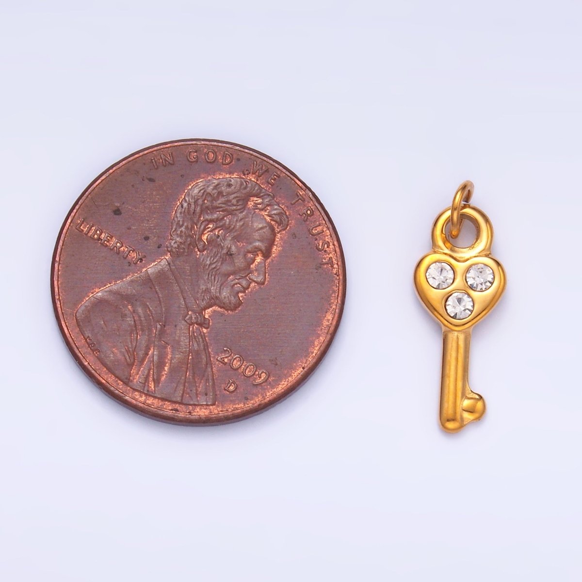Stainless Steel Triple CZ Heart Key Mini Charm | P1221 - DLUXCA