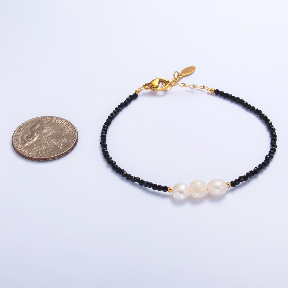 Stainless Steel Triple Shell Pearl Onyx Natural Gemstone 6.5 Inch Bracelet | WA - 3129 - DLUXCA