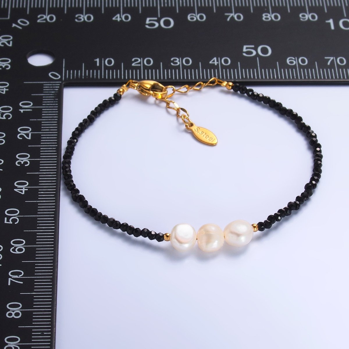 Stainless Steel Triple Shell Pearl Onyx Natural Gemstone 6.5 Inch Bracelet | WA - 3129 - DLUXCA