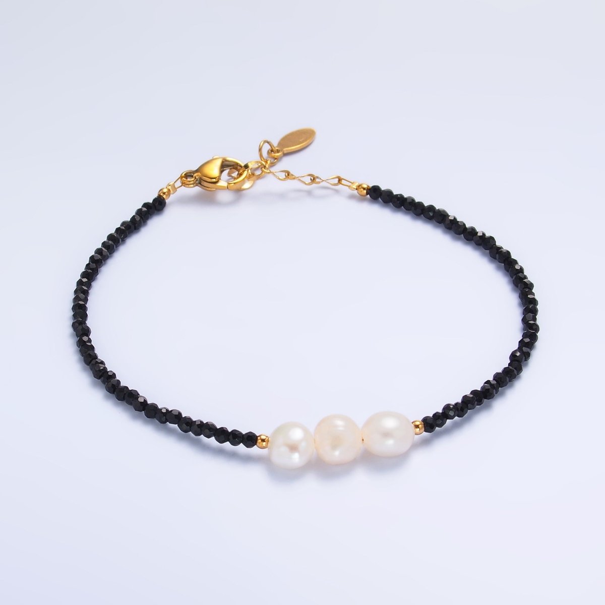 Stainless Steel Triple Shell Pearl Onyx Natural Gemstone 6.5 Inch Bracelet | WA - 3129 - DLUXCA