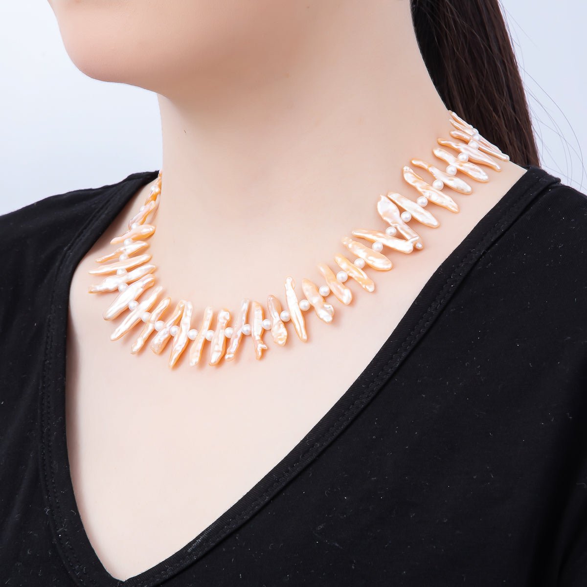 Stainless Steel White, Pink Biwa Freshwater Pearl 16.5 Inch Choker Necklace | WA - 04490 WA - 04491 - DLUXCA