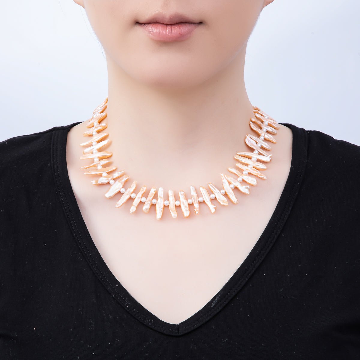 Stainless Steel White, Pink Biwa Freshwater Pearl 16.5 Inch Choker Necklace | WA - 04490 WA - 04491 - DLUXCA