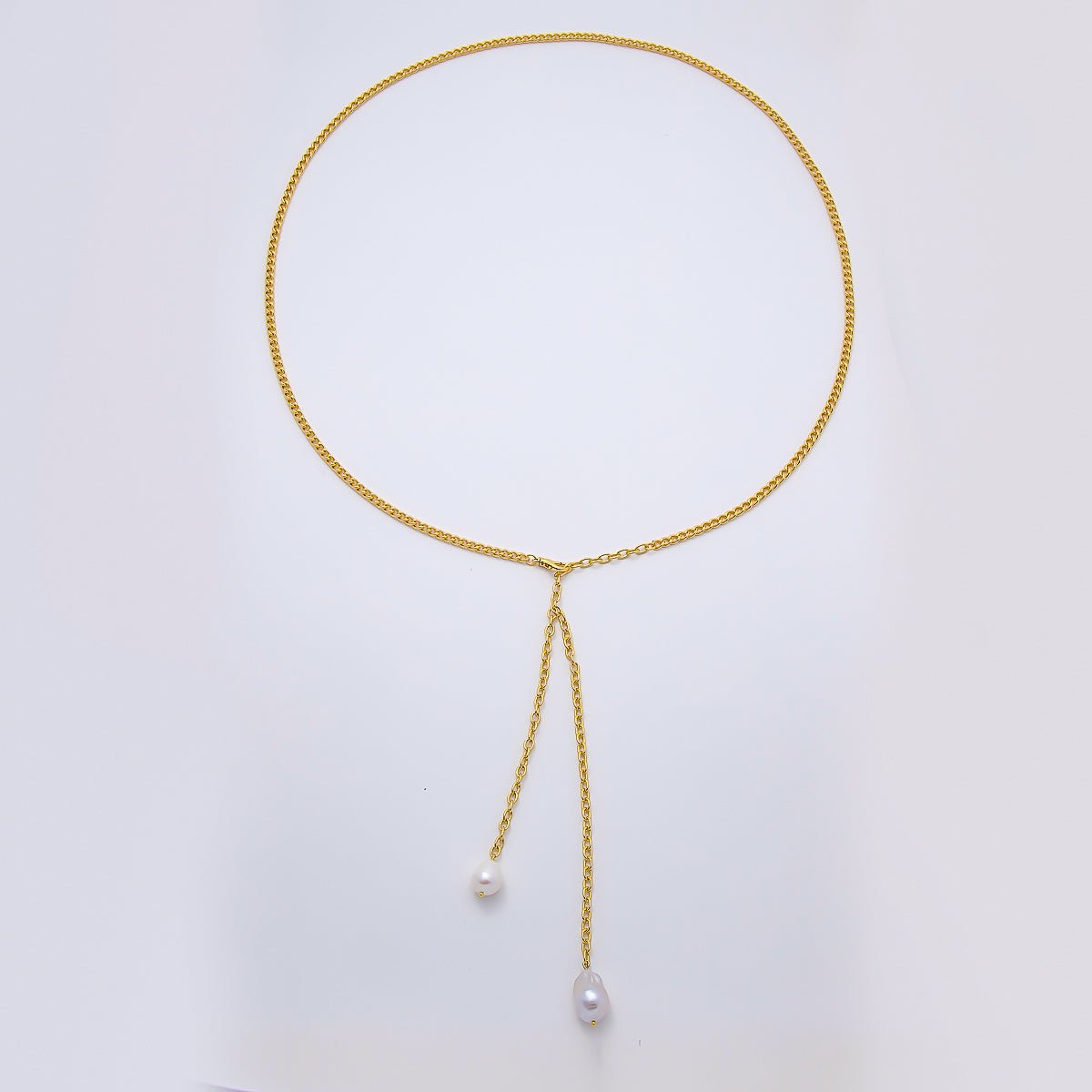 SUMMER Stainless Steel 4mm Curb Cable Chain w. Baroque Freshwater Pearl Drop Waist Chain | WA-04668 - DLUXCA
