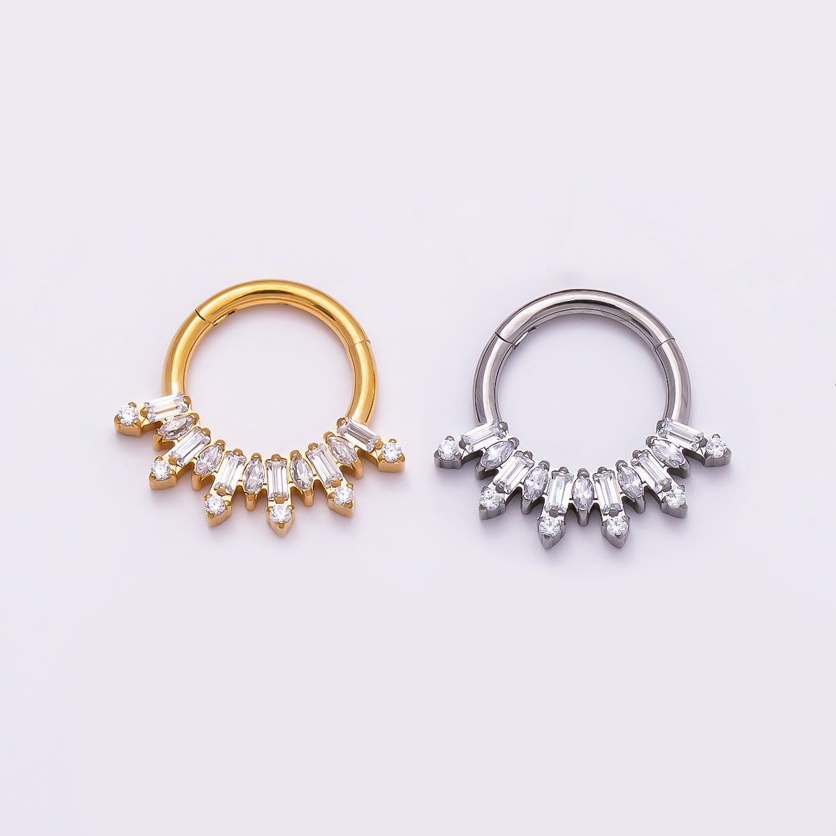 Titanium 13mm Clear CZ Baguette Single Septum Cartilage Piercing Clicker in Gold & Silver | Findings-00323 Findings-00324 - DLUXCA