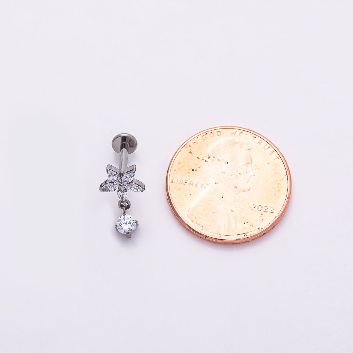 Titanium 13mm Clear CZ Flower Drop Cartilage Piercing Flat Back Stud in Gold & Silver | Findings-00369 Findings-00370 - DLUXCA