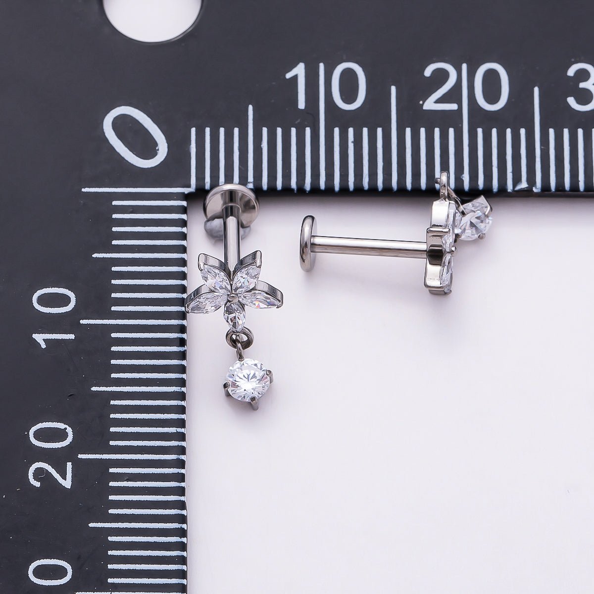 Titanium 13mm Clear CZ Flower Drop Cartilage Piercing Flat Back Stud in Gold & Silver | Findings-00369 Findings-00370 - DLUXCA