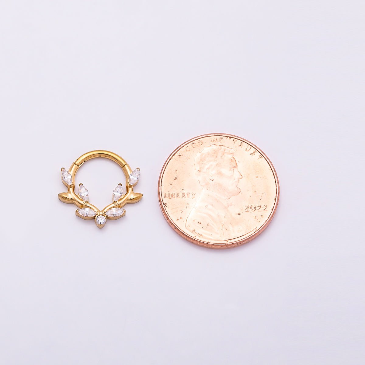 Titanium 13mm Clear CZ Marquise Leaf Single Septum Cartilage Piercing Clicker in Gold & Silver | Findings-00319 Findings-00320 - DLUXCA