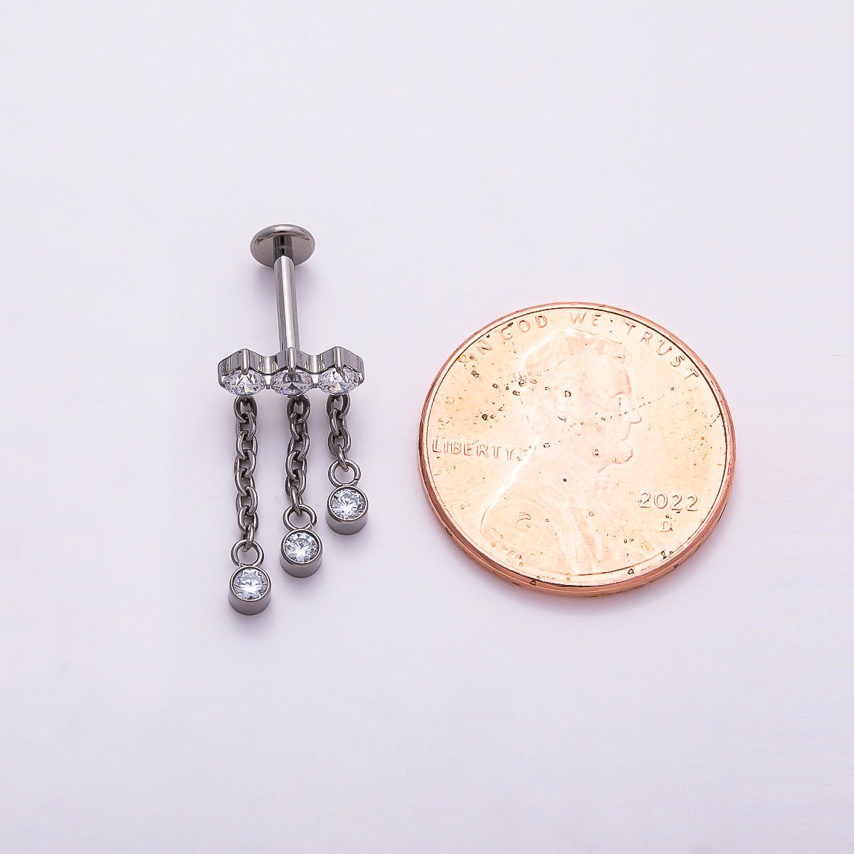 Titanium 18.5mm Triple Clear CZ Round Drop Cartilage Piercing Flat Back Stud in Gold & Silver | Findings-00371 Findings-00372 - DLUXCA
