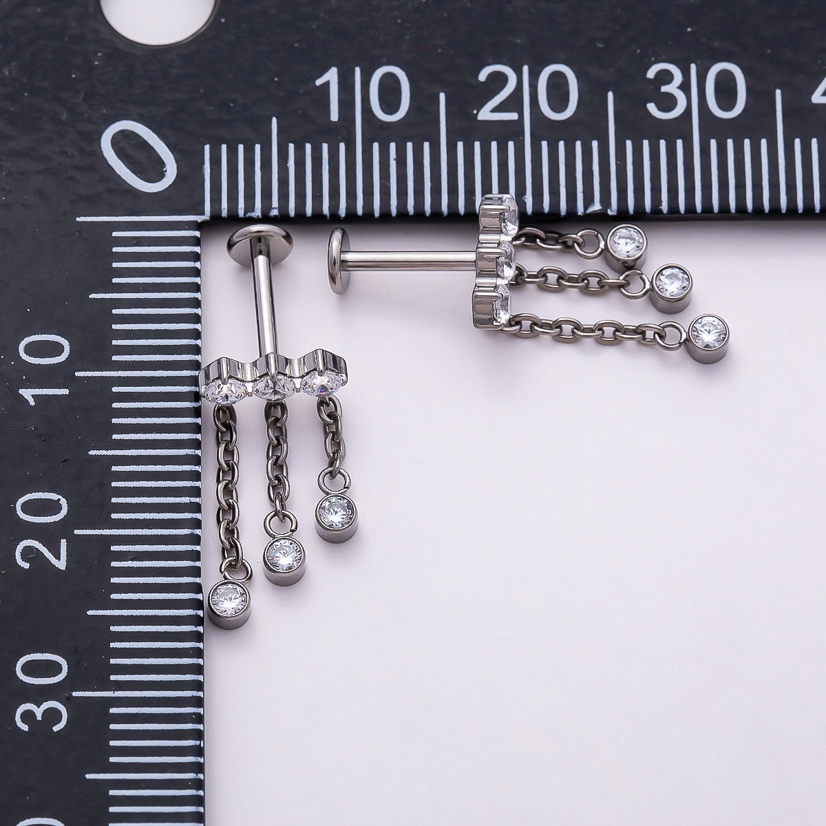 Titanium 18.5mm Triple Clear CZ Round Drop Cartilage Piercing Flat Back Stud in Gold & Silver | Findings-00371 Findings-00372 - DLUXCA