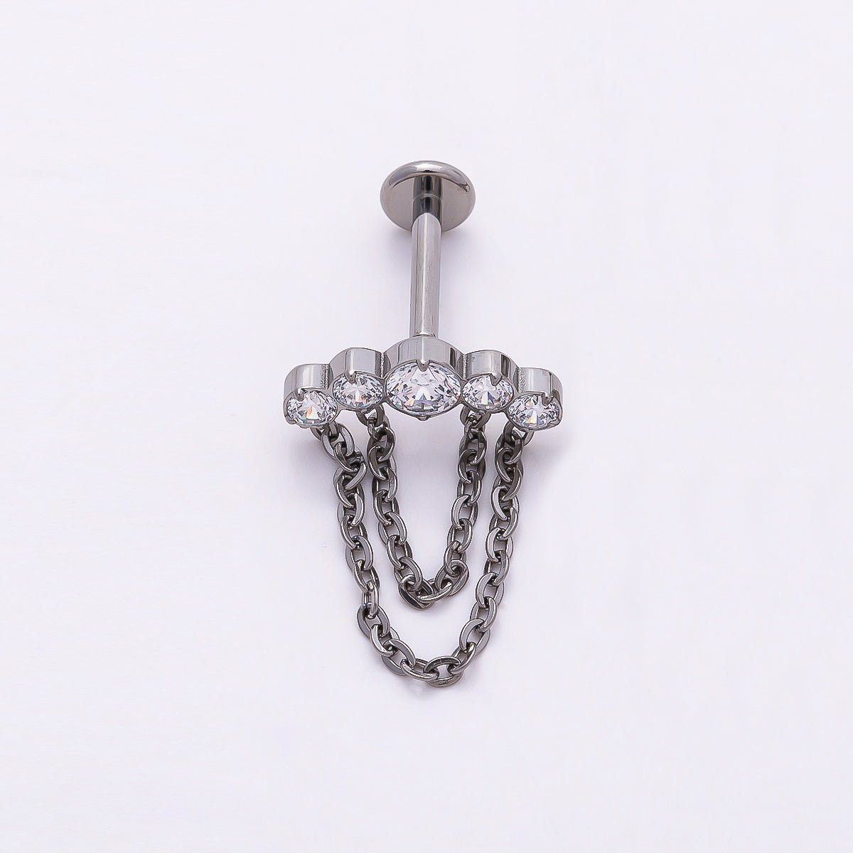 Titanium 18mm Multiple Clear CZ Round Chain Drop Cartilage Piercing Flat Back Stud in Gold & Silver | Findings-00373 Findings-00374 - DLUXCA