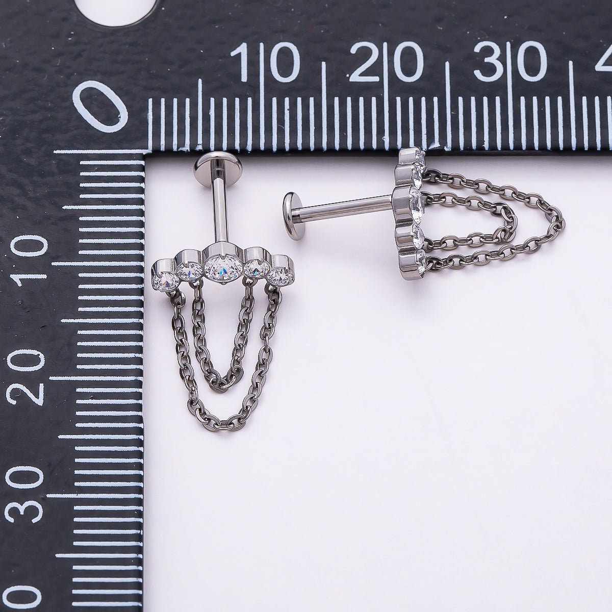 Titanium 18mm Multiple Clear CZ Round Chain Drop Cartilage Piercing Flat Back Stud in Gold & Silver | Findings-00373 Findings-00374 - DLUXCA