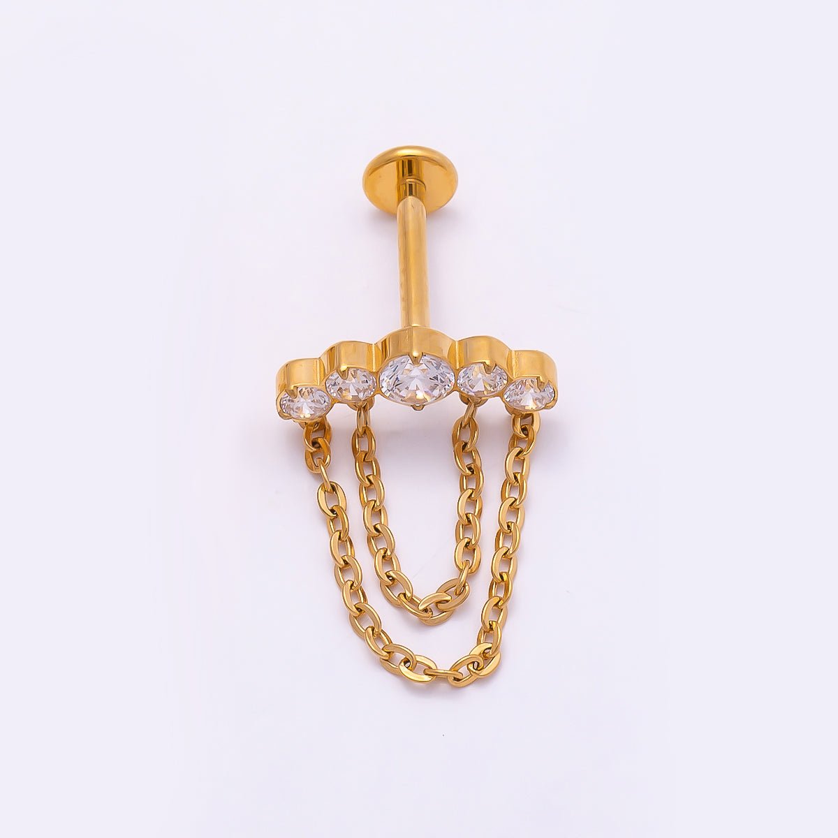 Titanium 18mm Multiple Clear CZ Round Chain Drop Cartilage Piercing Flat Back Stud in Gold & Silver | Findings-00373 Findings-00374 - DLUXCA