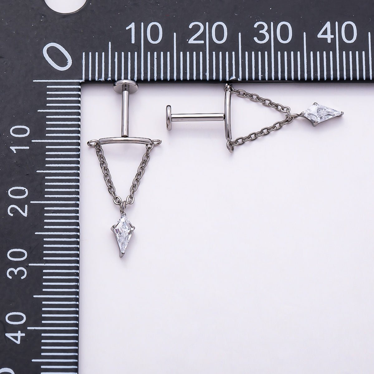 Titanium 20mm Clear CZ Kite Curved Chain Drop Cartilage Piercing Flat Back Stud in Gold & Silver | Findings-00329 Findings-00330 - DLUXCA