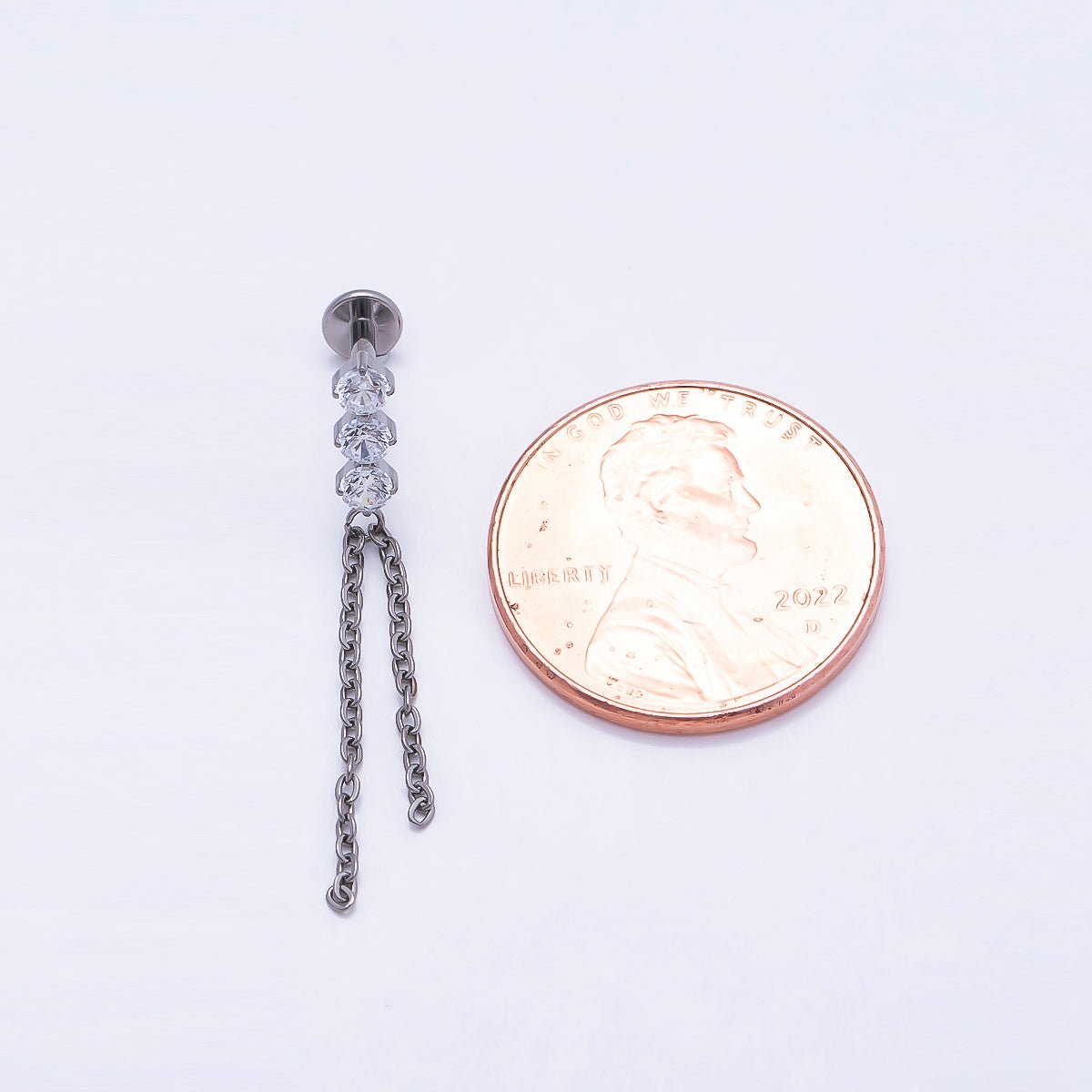 Titanium 31.5mm Triple CZ Chain Drop Cartilage Piercing Flat Back Stud | Findings-00328 - DLUXCA