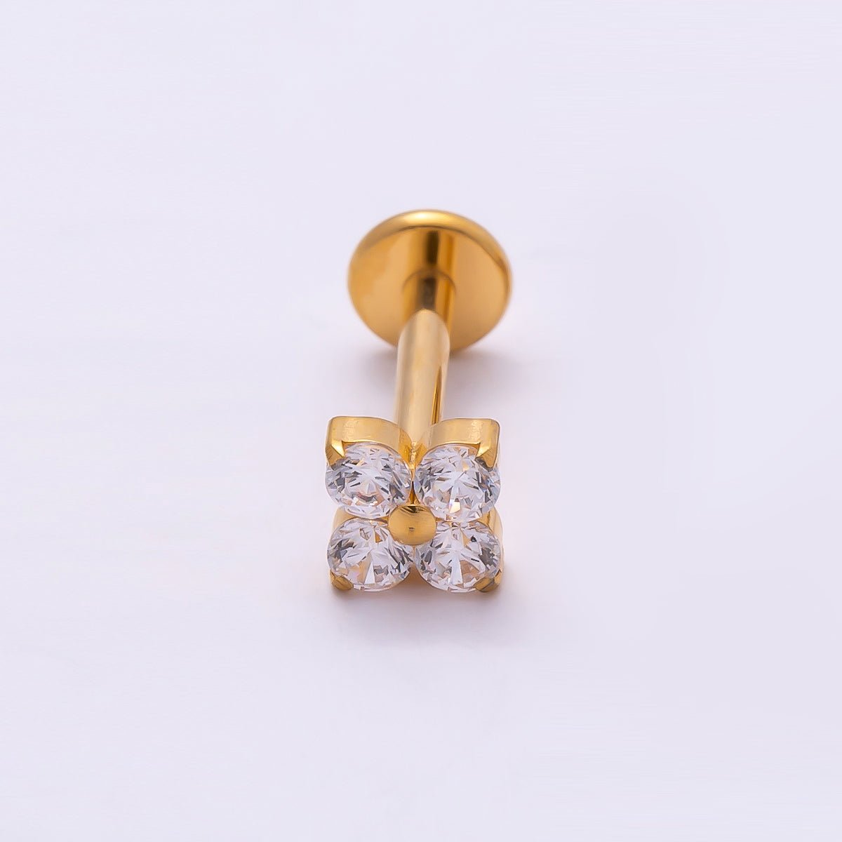 Titanium 4mm Clear CZ Flower Single Cartilage Piercing Flat Back Stud in Gold & Silver | Findings-00359 Findings-00360 - DLUXCA