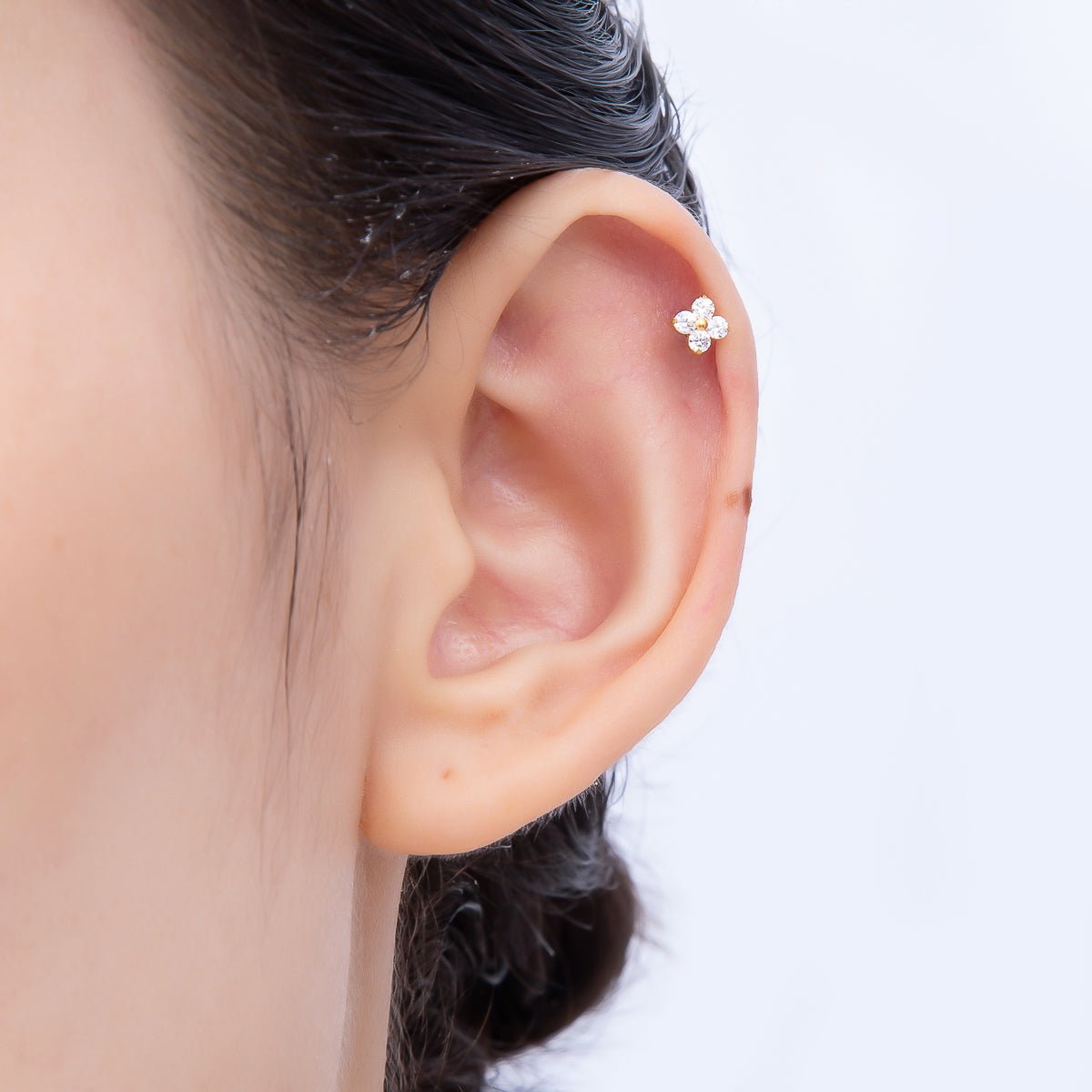 Titanium 4mm Clear CZ Flower Single Cartilage Piercing Flat Back Stud in Gold & Silver | Findings-00359 Findings-00360 - DLUXCA