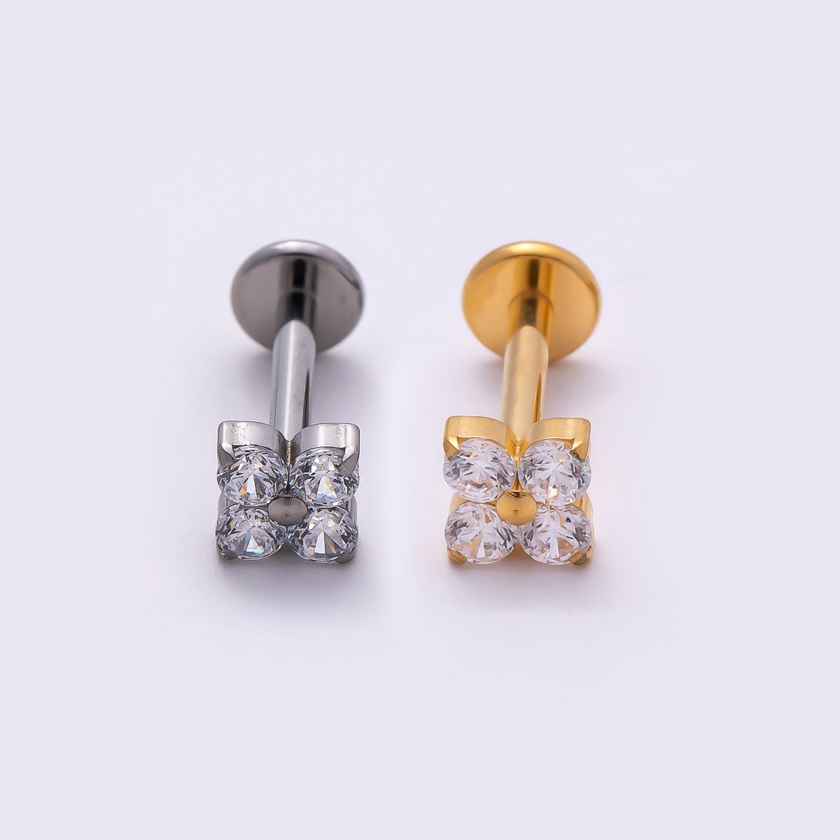 Titanium 4mm Clear CZ Flower Single Cartilage Piercing Flat Back Stud in Gold & Silver | Findings-00359 Findings-00360 - DLUXCA