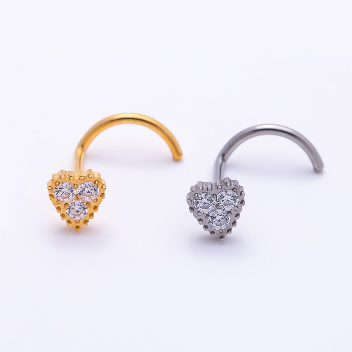 Titanium 4mm CZ Heart Cartilage Nose Single Piercing Flat Back Stud in Gold & Silver | Findings-00448 - Findings-00449 - DLUXCA