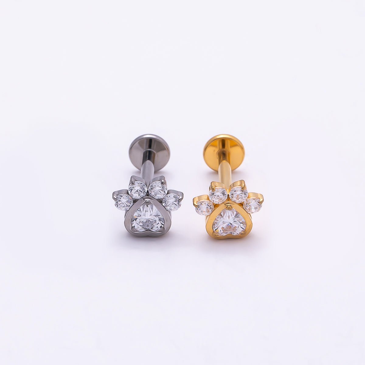 Titanium 5.5mm Clear CZ Pawprint Cartilage Piercing Flat Back Stud in Gold & Silver | Findings-00385 Findings-00386 - DLUXCA