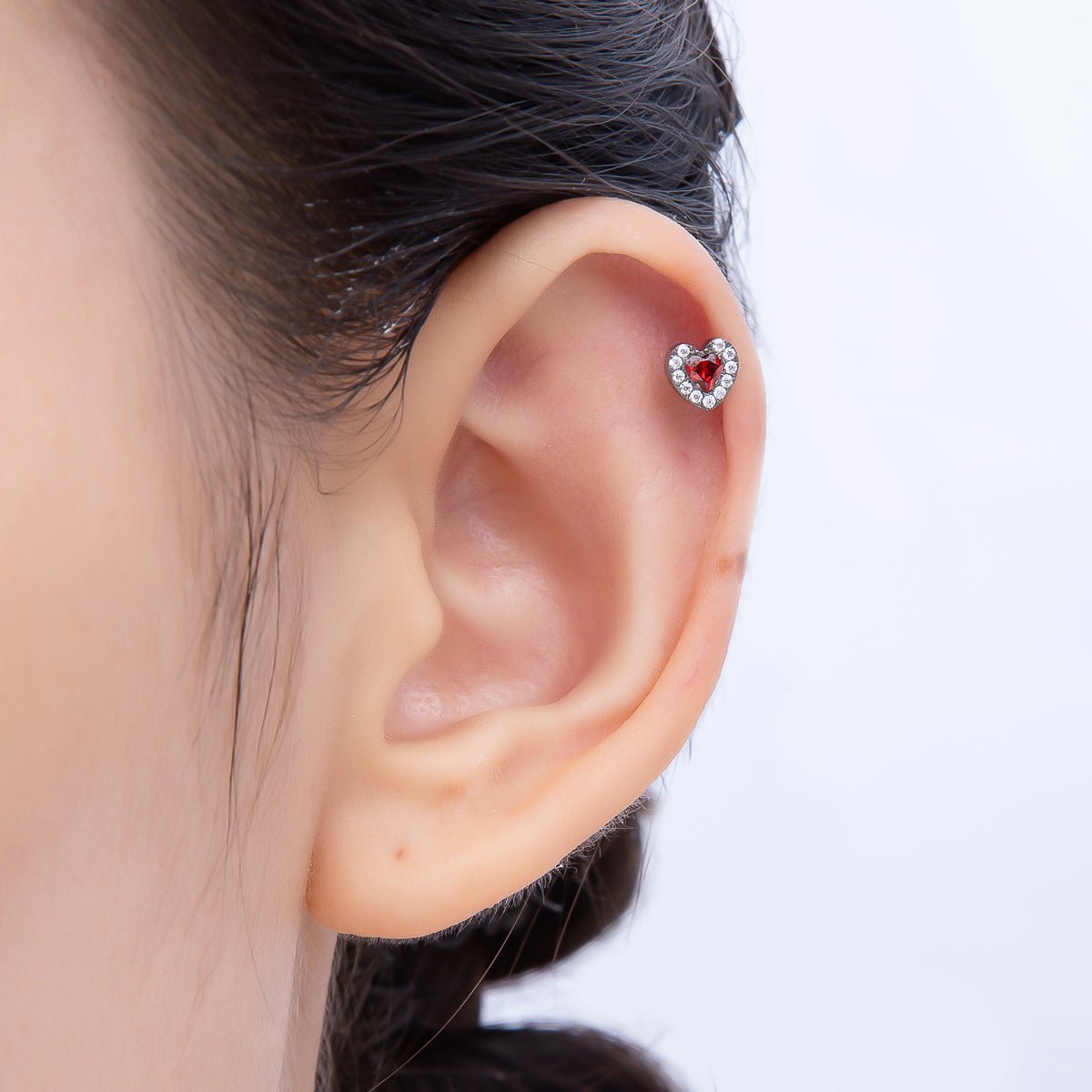 Titanium 5.5mm Red Micro Paved CZ Heart Cartilage Piercing Flat Back Stud in Gold & Silver | Findings-00256 Findings-00257 - DLUXCA