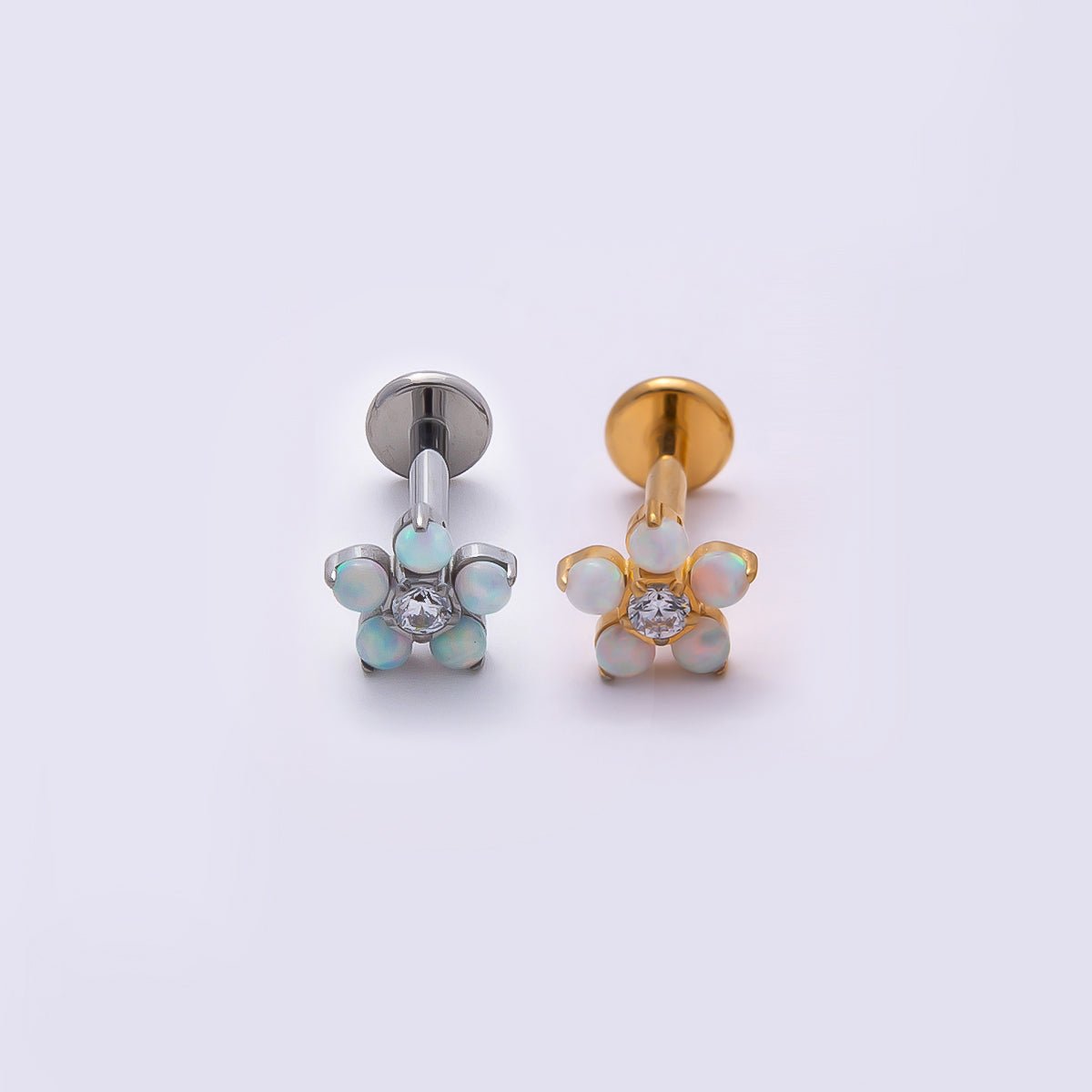 Titanium 5.5mm White Opal Clear CZ Flower Cartilage Piercing Flat Back Stud in Gold & Silver | Findings-00363 Findings-00364 - DLUXCA