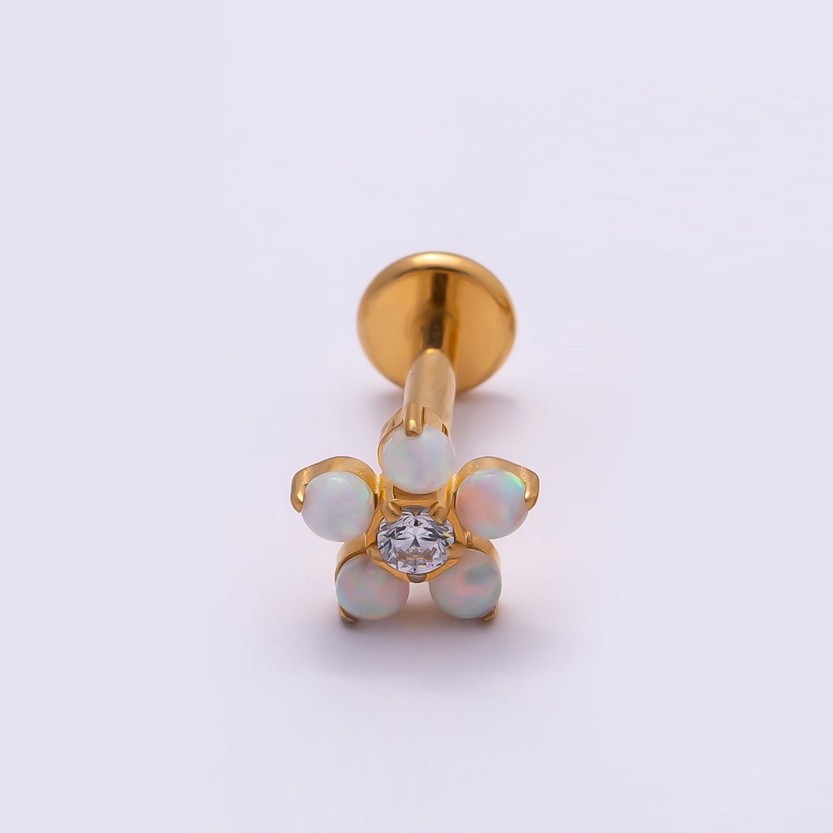 Titanium 5.5mm White Opal Clear CZ Flower Cartilage Piercing Flat Back Stud in Gold & Silver | Findings-00363 Findings-00364 - DLUXCA