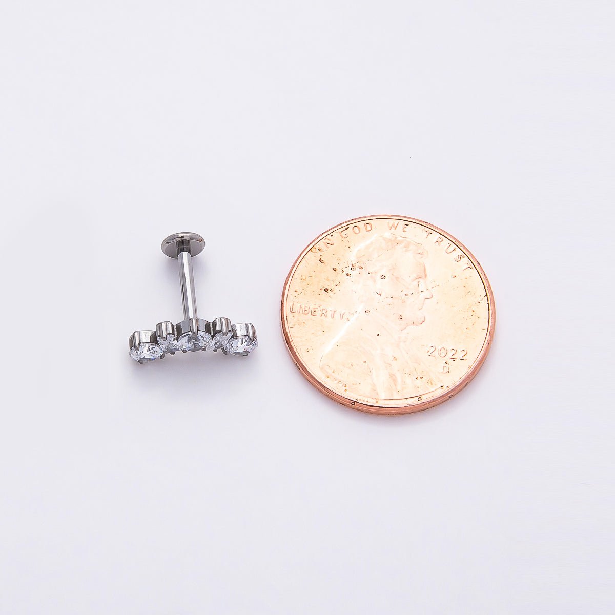 Titanium 5mm Clear CZ Round Baguette Curved Cartilage Piercing Flat Back Stud in Gold & Silver | Findings-00395 Findings-00396 - DLUXCA
