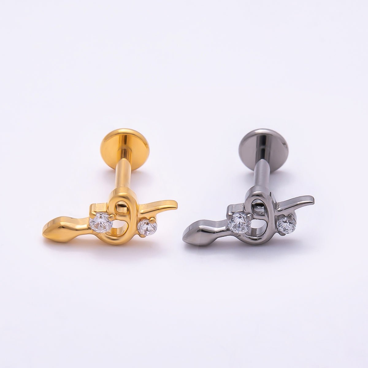 Titanium 5mm CZ Snake Cartilage Piercing Flat Back Stud in Gold & Silver | Findings-00266 Findings-00267 - DLUXCA