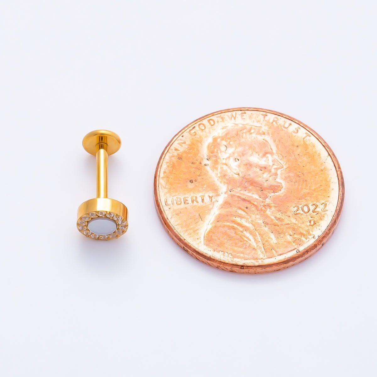Titanium 5mm White Opal Micro Paved CZ Round Cartilage Piercing Flat Back Stud in Gold & Silver | Findings-00381 Findings-00382 - DLUXCA