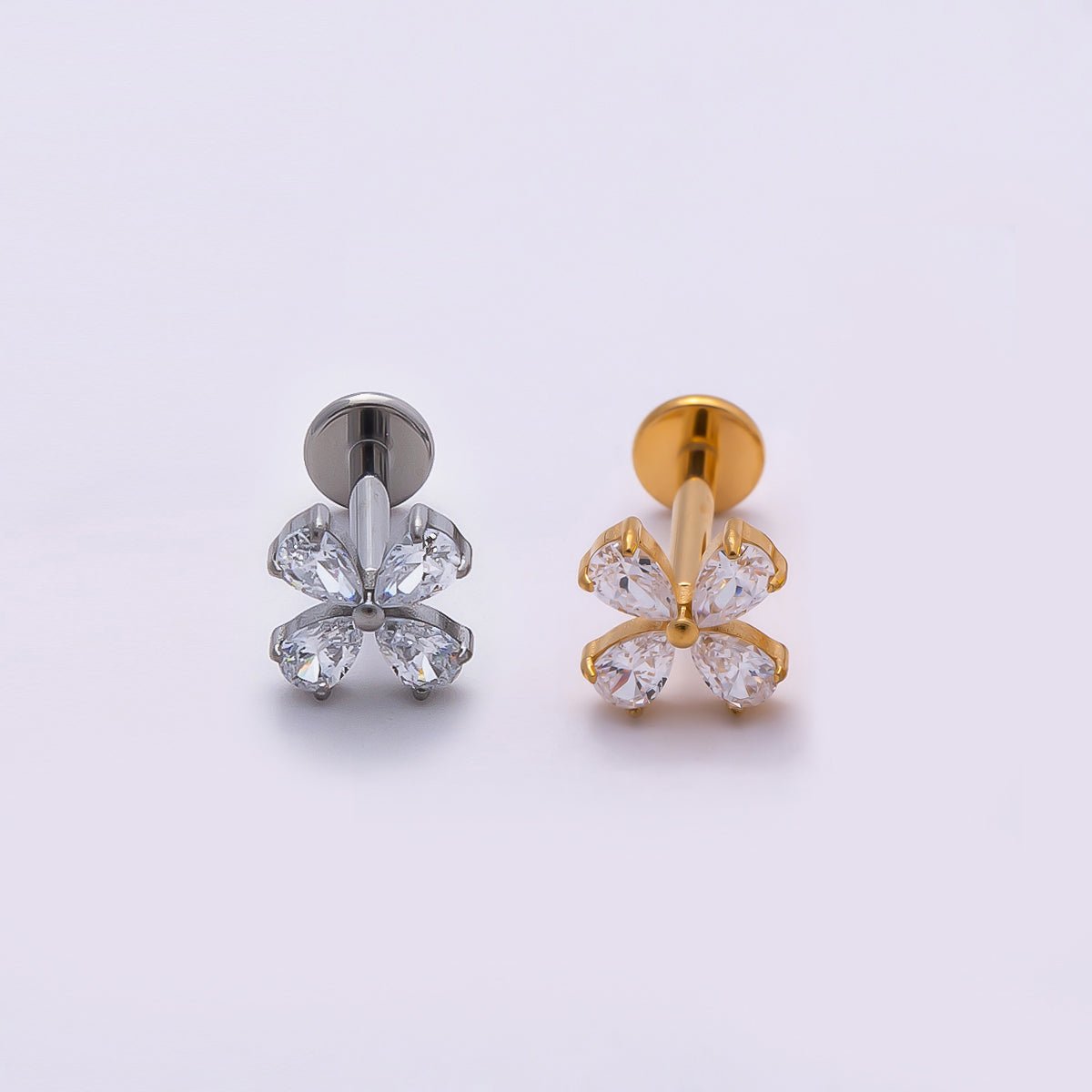 Titanium 6.7mm Clear CZ Butterfly Cartilage Piercing Flat Back Stud in Gold & Silver | Findings-00357 Findings-00358 - DLUXCA