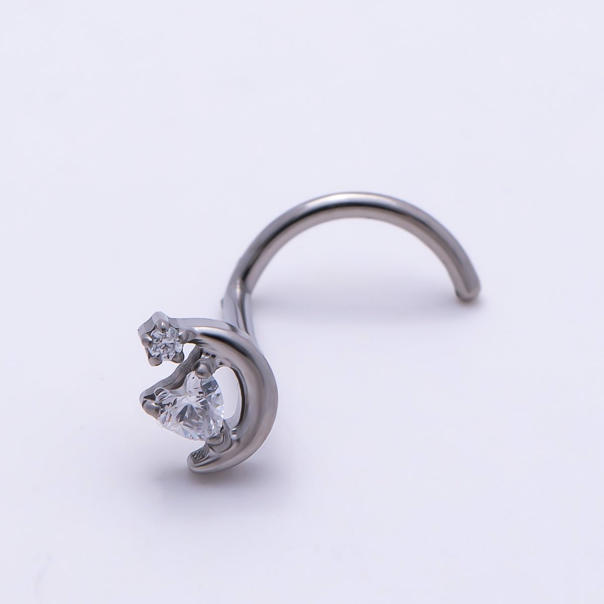 Titanium 8.8mm CZ Heart Celestial Crescent Moon Cartilage Nose Single Piercing Stud in Gold & Silver | Findings-00452 Findings-00453 - DLUXCA