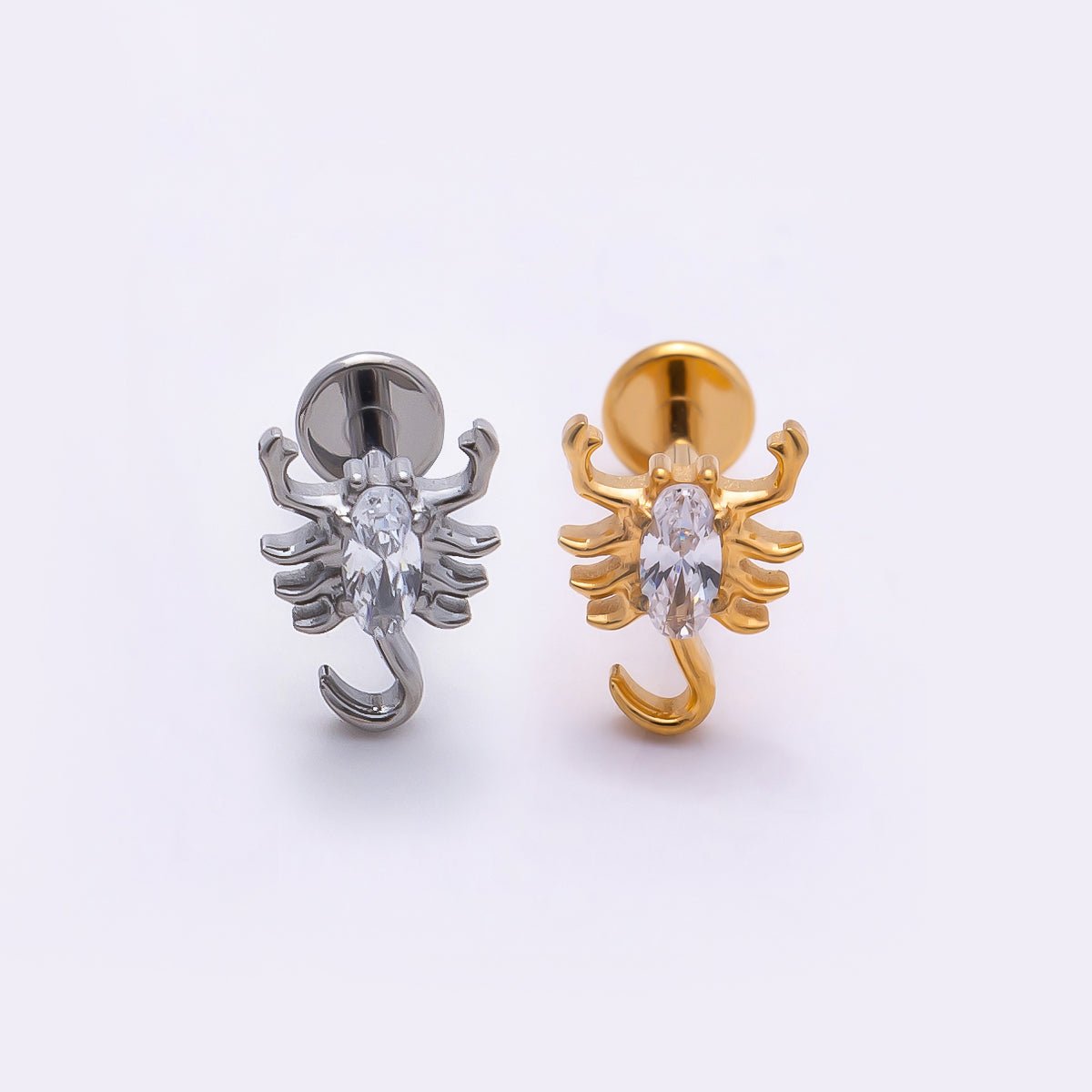 Titanium 8mm Clear CZ Scorpion Cartilage Piercing Flat Back Stud in Gold & Silver | Findings-00361 Findings-00362 - DLUXCA