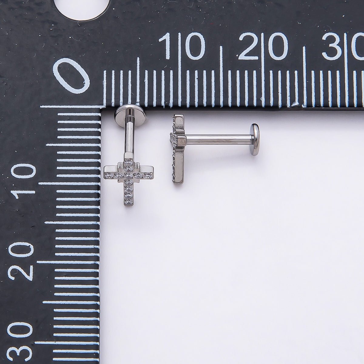 Titanium 8mm Micro Paved CZ Cross Cartilage Piercing Flat Back Stud in Gold & Silver | Findings-00397 Findings-00398 - DLUXCA