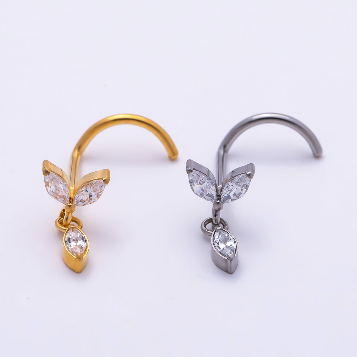 Titanium 9.5mm Marquise CZ Leaf Cartilage Nose Single Piercing Stud in Gold and Silver | Findings-00456 Findings-00457 - DLUXCA