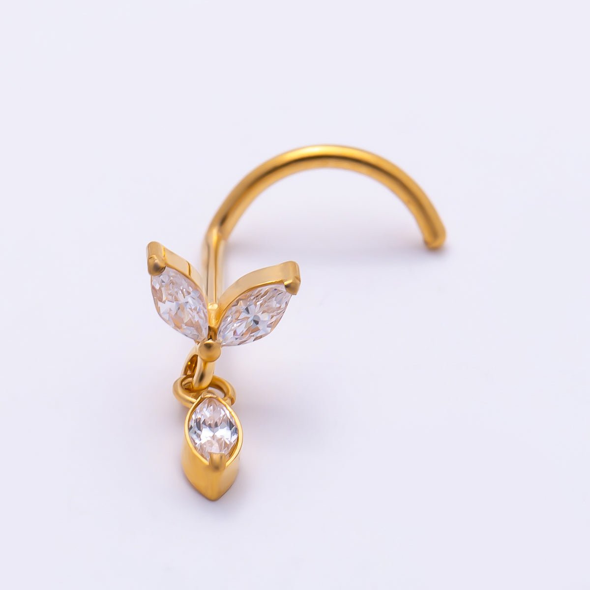 Titanium 9.5mm Marquise CZ Leaf Cartilage Nose Single Piercing Stud in Gold and Silver | Findings-00456 Findings-00457 - DLUXCA