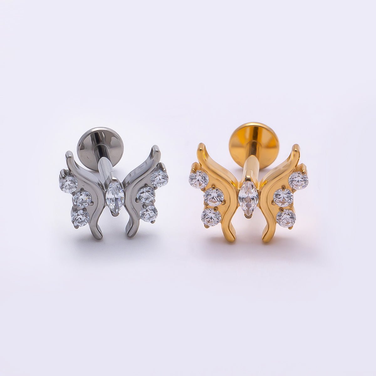 Titanium 9mm Clear CZ Butterfly Cartilage Piercing Flat Back Stud in Gold & Silver | Findings-00383 Findings-00384 - DLUXCA