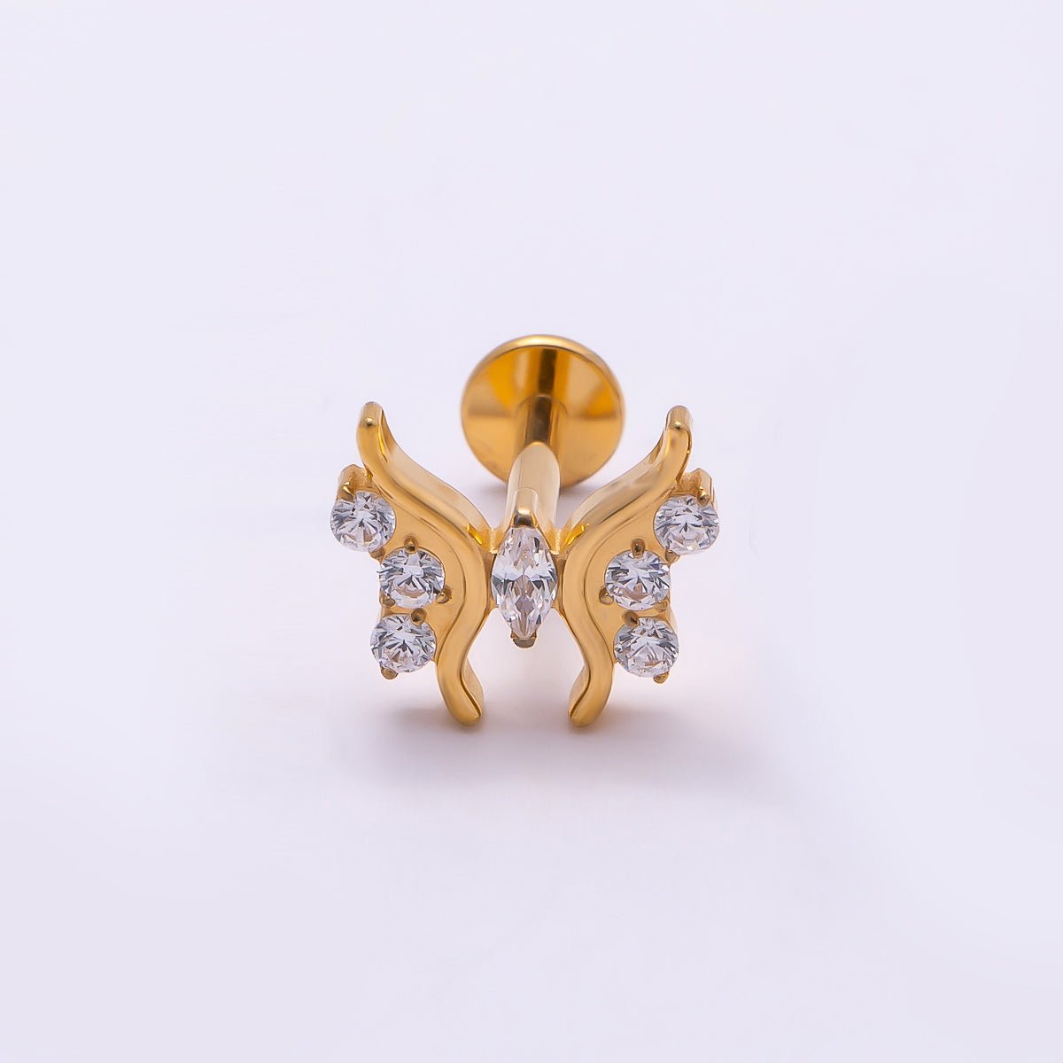 Titanium 9mm Clear CZ Butterfly Cartilage Piercing Flat Back Stud in Gold & Silver | Findings-00383 Findings-00384 - DLUXCA