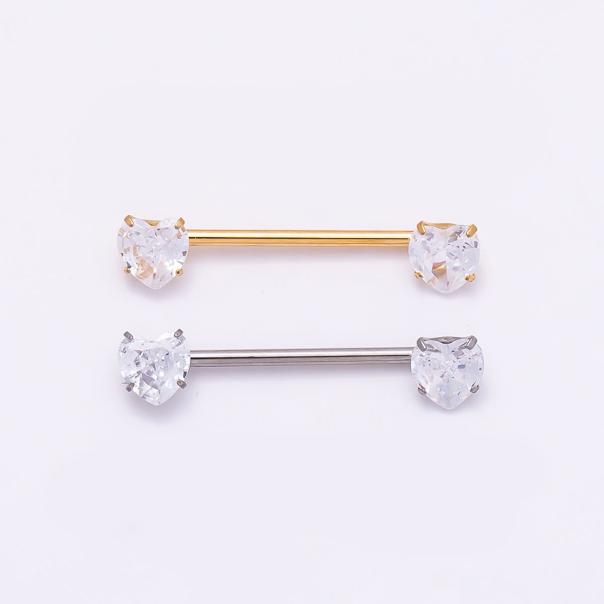 Titanium Clear CZ Heart Nipple Barbell Piercing Body Jewelry in Gold & Silver | Findings-00301 Findings-00302 - DLUXCA