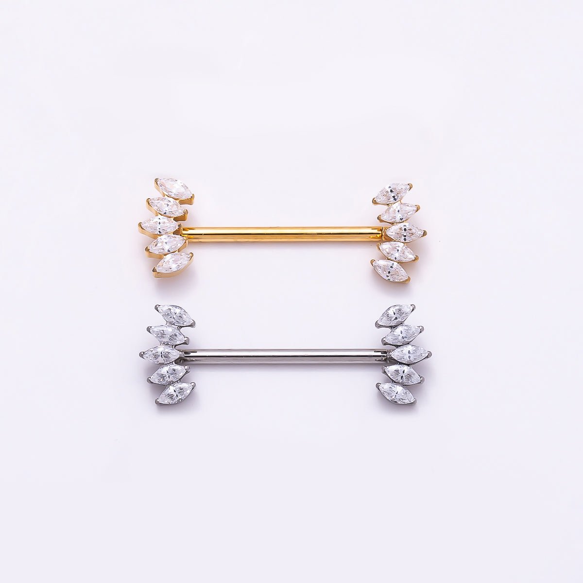 Titanium Clear CZ Multiple Marquise Fan Nipple Barbell Piercing Body Jewelry in Gold & Silver | Findings-00297 - DLUXCA