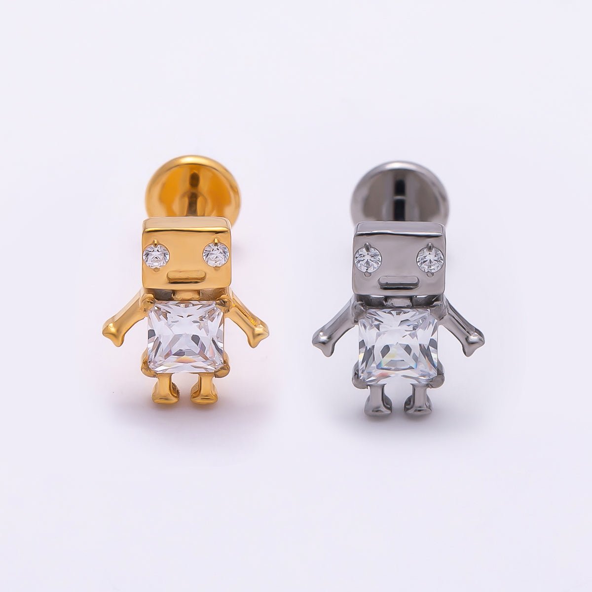 Titanium Clear CZ Robot Cartilage Piercing Flat Back Stud in Gold & Silver | Findings-00275 Findings-00276 - DLUXCA