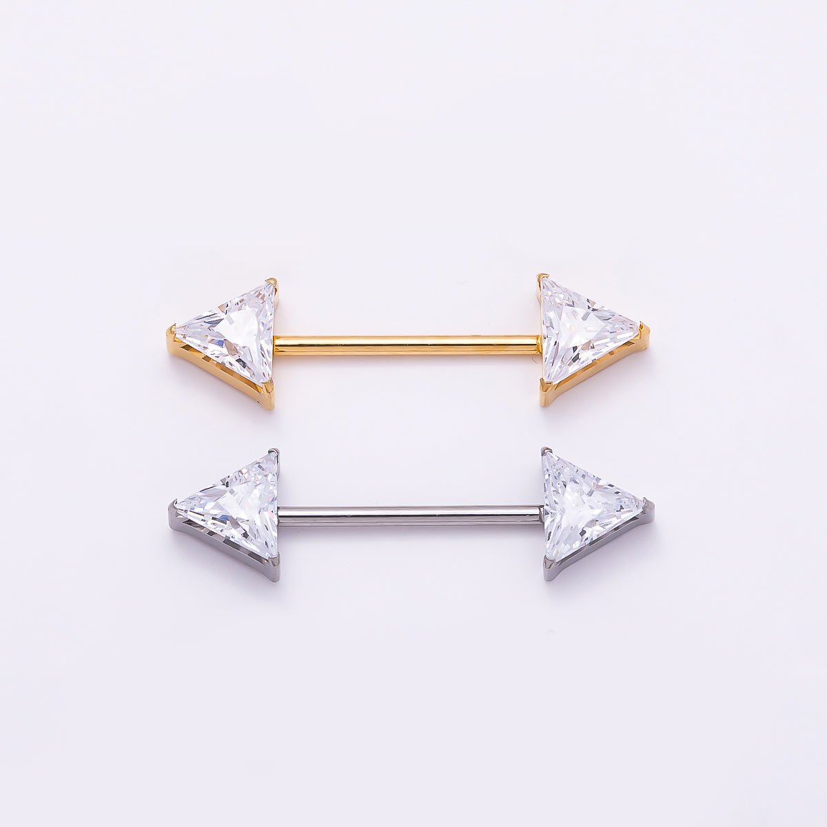 Titanium Clear CZ Triangle Nipple Barbell Piercing Body Jewelry in Gold & Silver | Findings-00289 Findings-00290 - DLUXCA