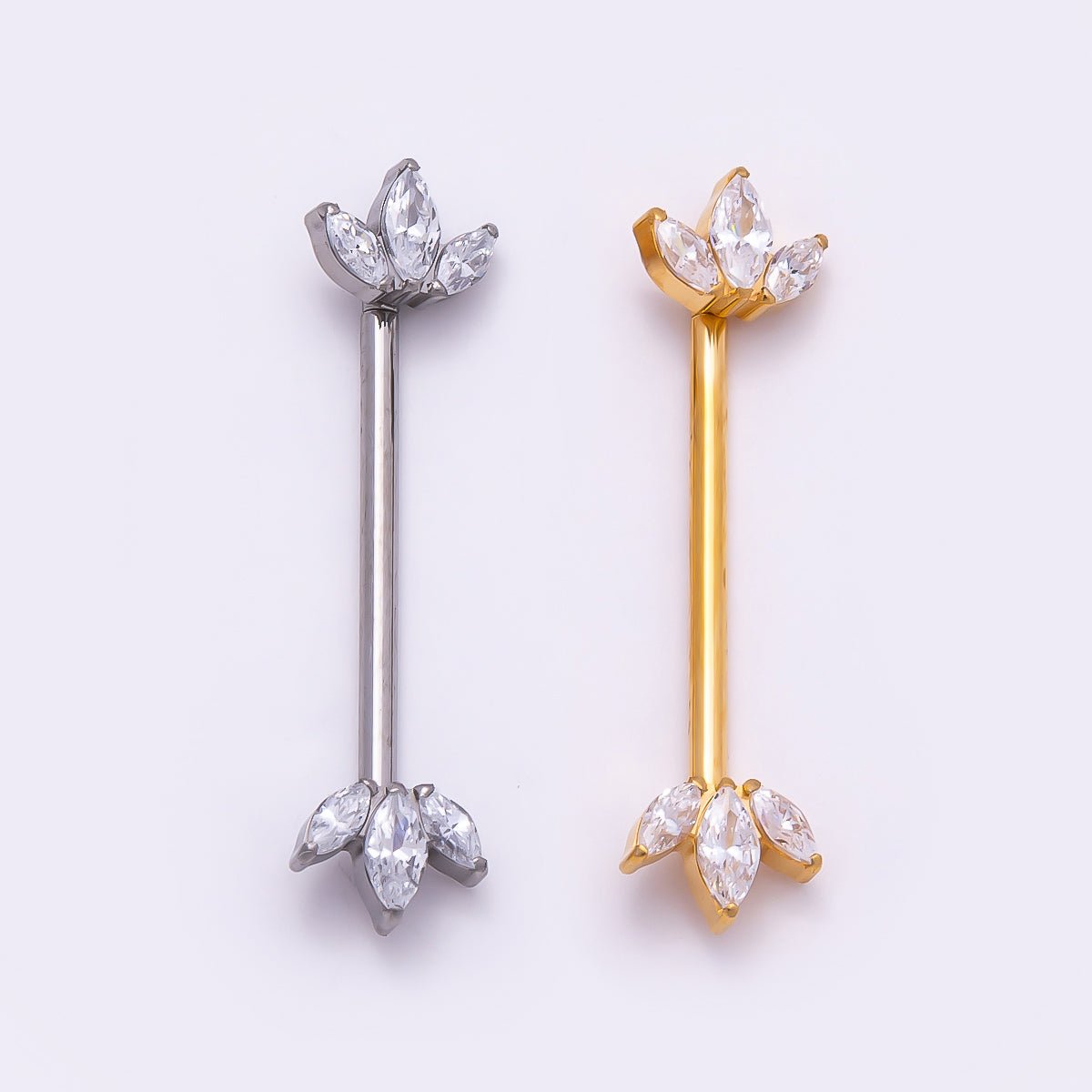 Titanium Clear CZ Triple Marquise Nipple Barbell Piercing Body Jewelry in Gold & Silver | Findings-00295 Findings-00296 - DLUXCA
