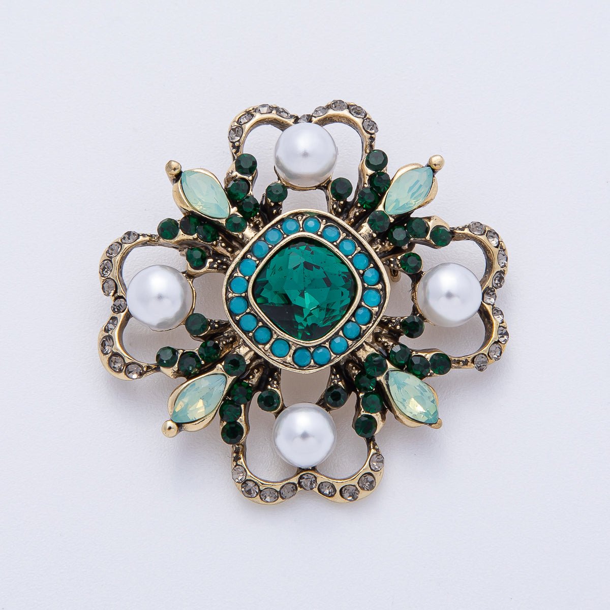 Vintage Antique Gold Flower Blue Black Gray Crystal Brooch Pin | BH - 006 - DLUXCA