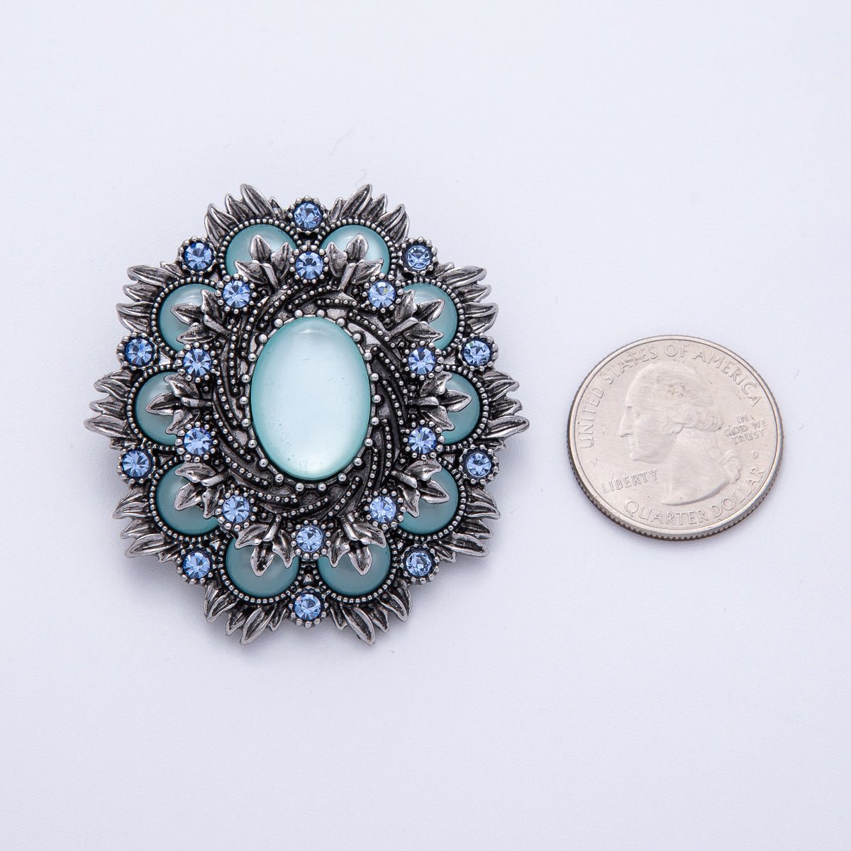Vintage Antique Silver Flower Brooch Aqua Blue Turquoise Crystal Pin | BH - 002 - DLUXCA