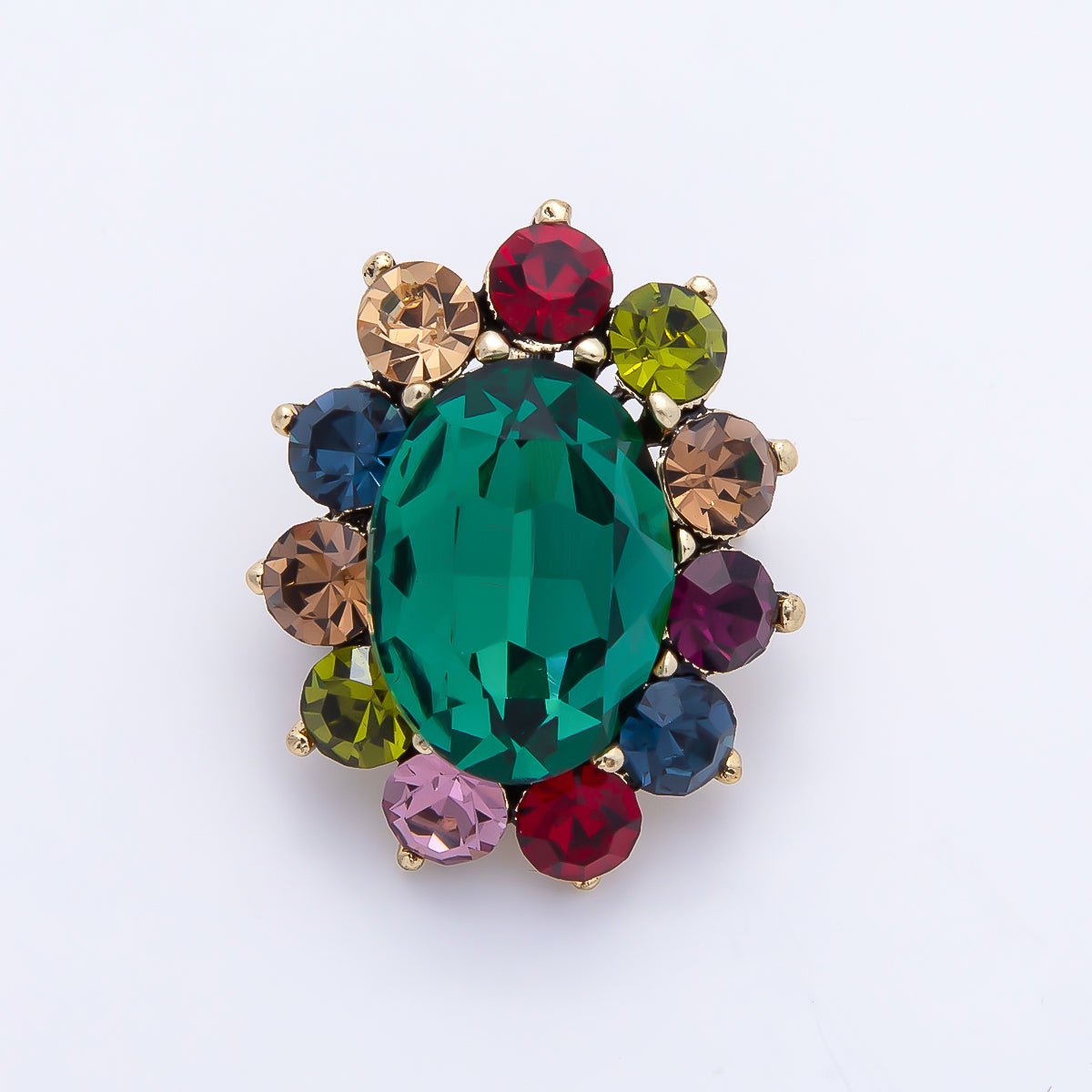 Vintage Gold 29mm Green Multicolor Rhinestone Oval Flower Pin Brooch | BH-00168 - DLUXCA
